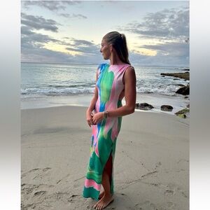 Commense Watercolor Monet Garden Print Sleeveless Long Maxi Dress Size Small NWT